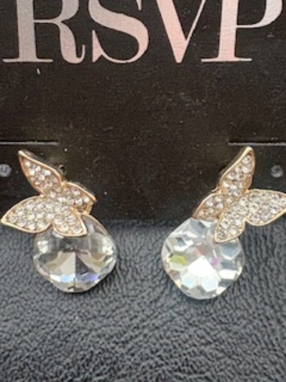 RSVP gold tone butterfly earrings-Clear stones-Tear drop shaped
